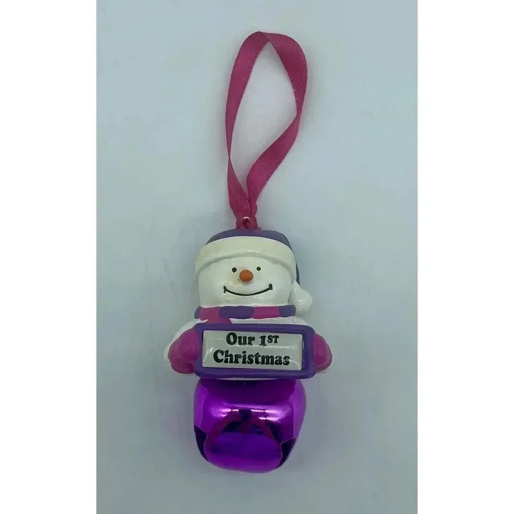 Vintage “Our 1st Christmas”Snowman Jingle‎ Bell Christmas Ornament Purple & Pink